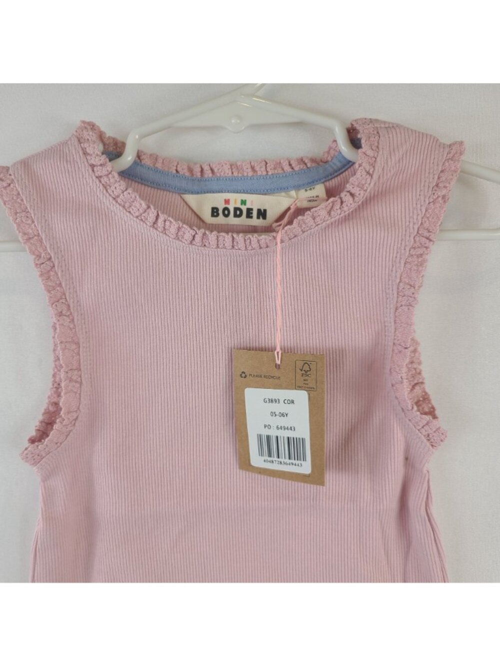 NEW Mini Boden Girls Pink Sleeveless Ribbed Top With Ruffle Trim Size 5-6Y - Picture 3 of 4